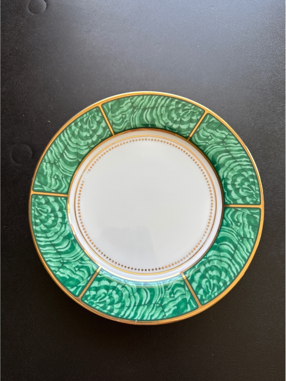 Imperial Malachite Green and White Porcelain Dessert Plates with Gold Trim, Set